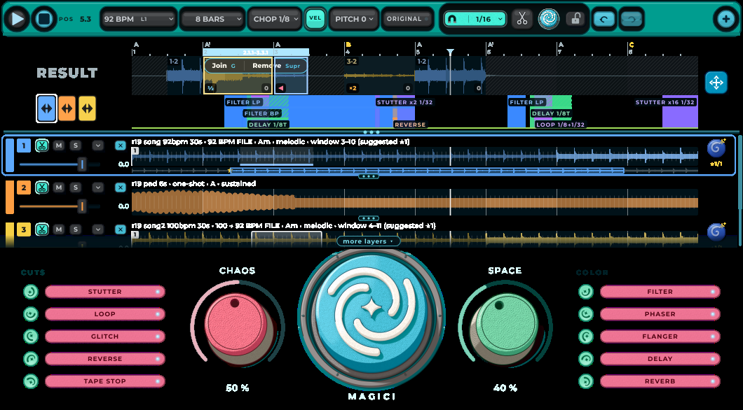 EEY Creative Chopper: the RESULT timeline with chops across three layers, effect bands and the Magic! button